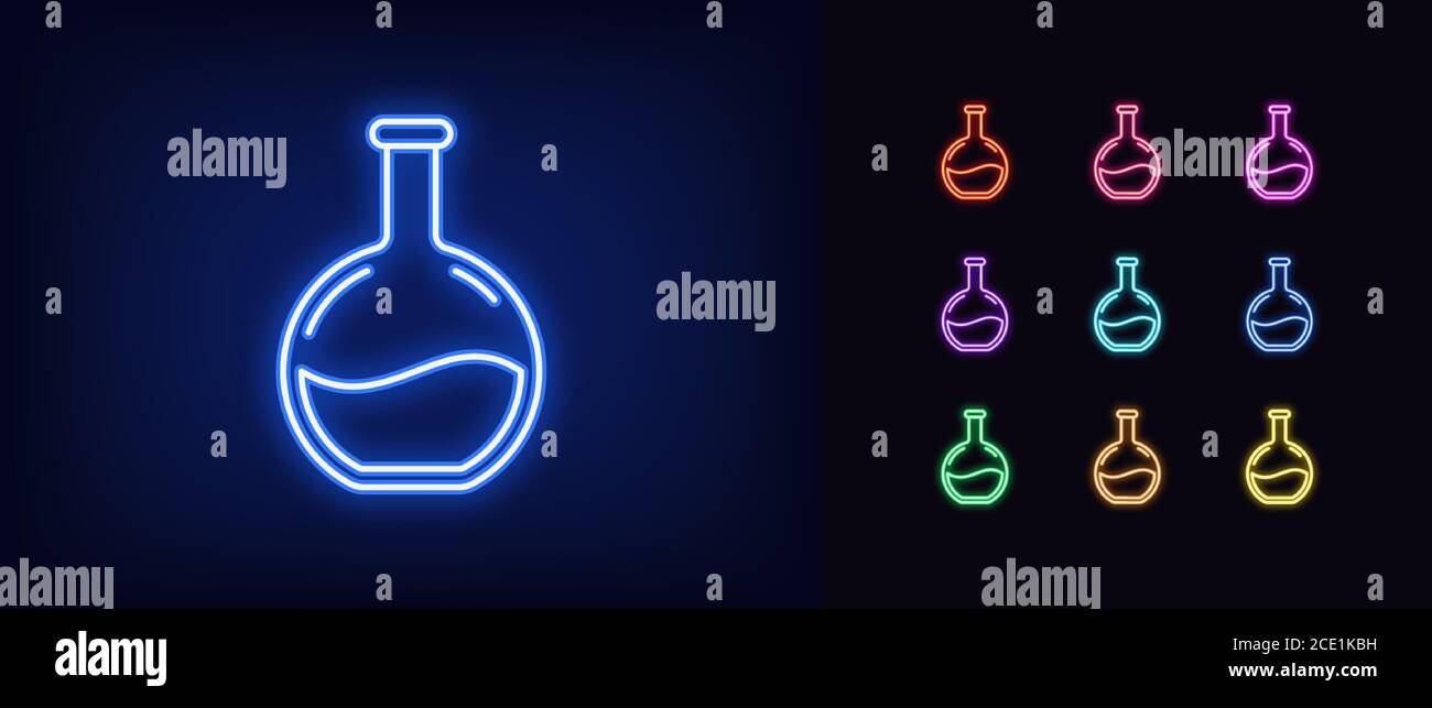 Icône de bécher au néon. Panneau de laboratoire lumineux au néon, recherche clinique dans des couleurs vives. Exploration médicale, test d'analyse, expérience chimique, développement de vaccins Illustration de Vecteur