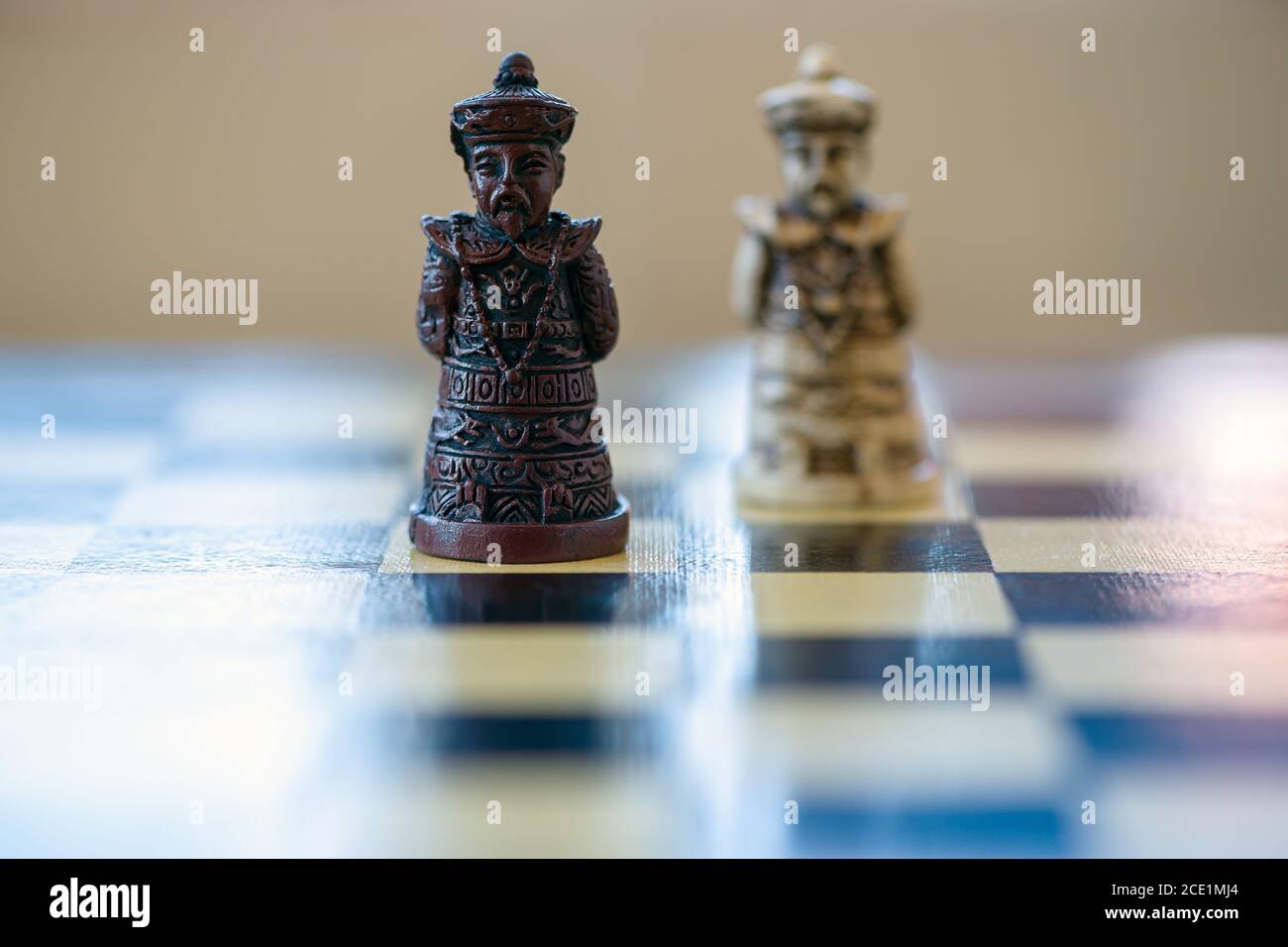 Gros plan de la pièce d'échecs du roi noir et blanc sur un échiquier. Roi noir contre roi blanc. Banque D'Images
