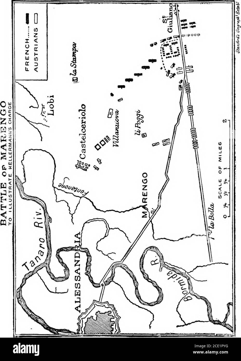 . La vie de Napoléon Ier, y compris les nouveaux matériaux des documents officiels britanniques . ve, la bataille de Marengo avait commencé : et la plus grande partie de ce jour mouvementé, le 14 juin, Les Français n'avaient que 18,000 hommes pour s'opposer à l'apparition de 31,000 Autrichiens.^ comme le montre la carte d'accompagnement, le village de Marengo se trouve dans la plaine qui s'étend vers l'est sur les rives de la rivière Bormida vers le pays vallonné de Stradella. Le village se trouve sur la route haute direction est depuis la forteresse d'Alessandria, le fief de la chefferie du nord-ouest de l'Italie. La plaine est coupée par num Banque D'Images