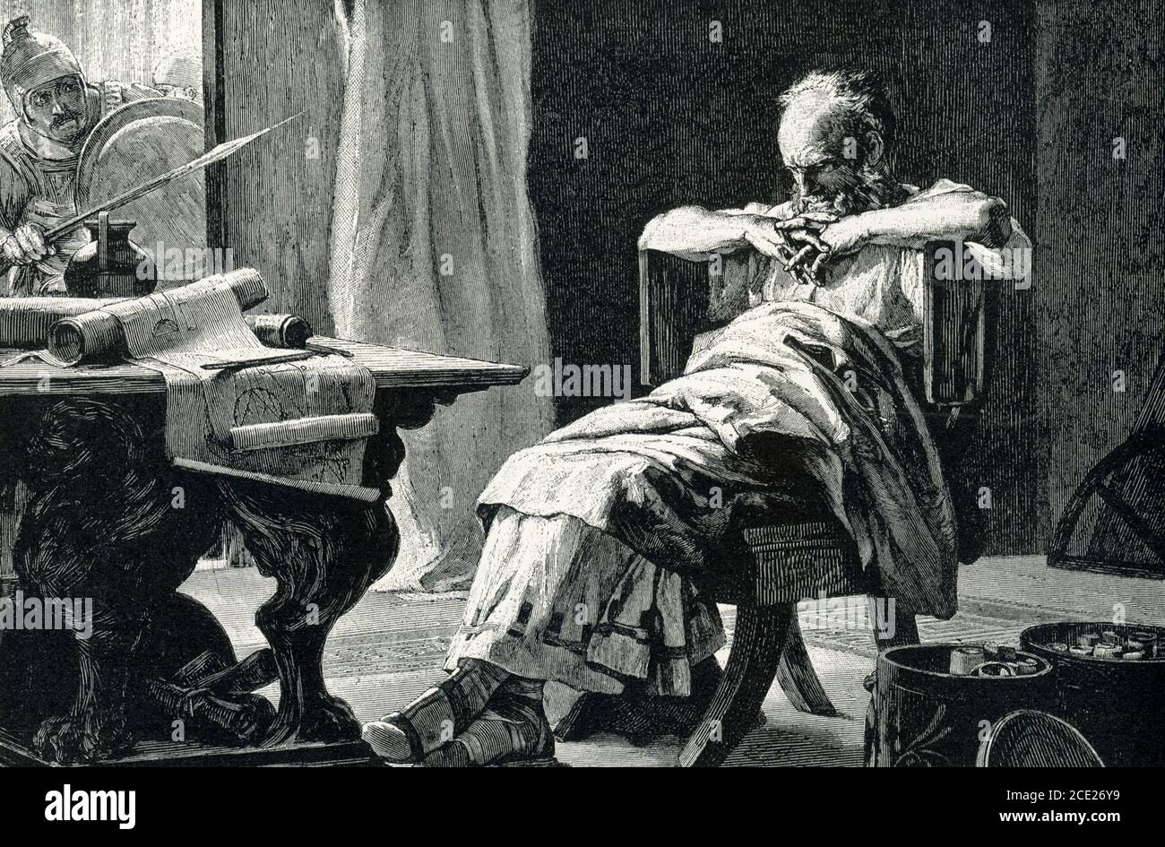 Cette illiustration date du début des années 1900 et montre la mort d'Archimedes (c. 212 C.-B.). Archimedes est considéré comme l'un des maîtres mathématiciens du monde. Ses inventions mécaniques ont permis à sa ville natale, Syracuse, de résister à un siège romain pendant trois ans. Quand la ville a finalement été envahite, le mathématicien était si déterminé à résoudre un problème, selon un récit historique, qu'il n'a rien entendu du tumulte. Les soldats romains avaient reçu des ordres spéciaux pour épargner et protéger le génie renommé. Mais lorsqu’un soldat, débordant sur lui et posant des questions, la seule réponse du sage était Banque D'Images