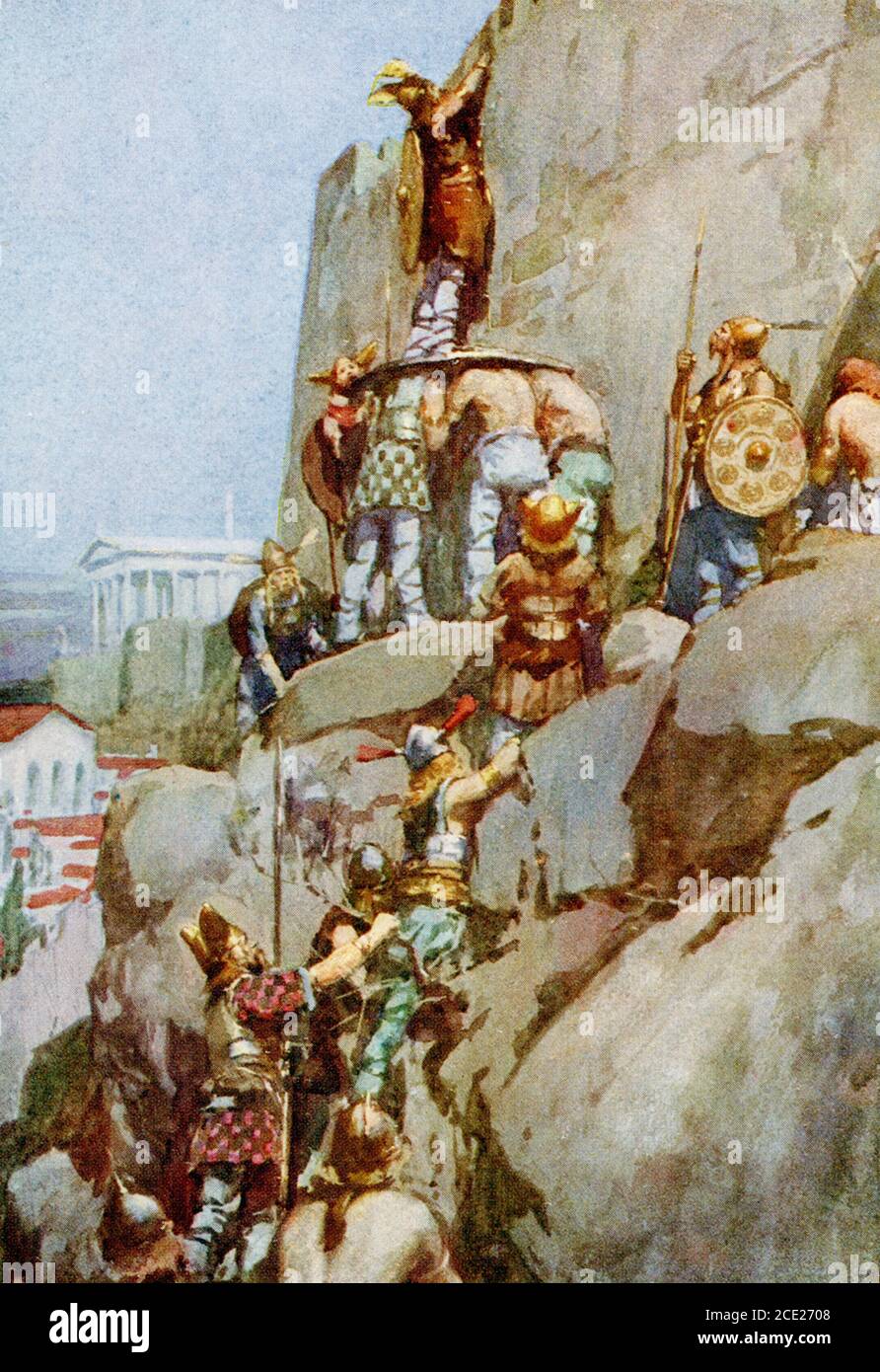 Un par un, les Gaulois se suivirent. Cette scène représente l'invasion gauloise de Rome en 390 av. J.-C. Retour à Rome, selon la tradition, les Gaulois ont tenté d'infiltrer le Capitole en montant la colline près du Temple de Carmins, une déesse de naissance. Les Gaulois ont gagné le sommet, ont échappé aux gardes romains et n'ont même pas réveillé les chiens. Ils ne pouvaient pas se moquer du temple de Juno, cependant, comme le rocking de ses oies sacrées a finalement alerté les gardes. Sous la direction de Marcus Manilus, les gardes romains affrontaient les Gaulois. Banque D'Images