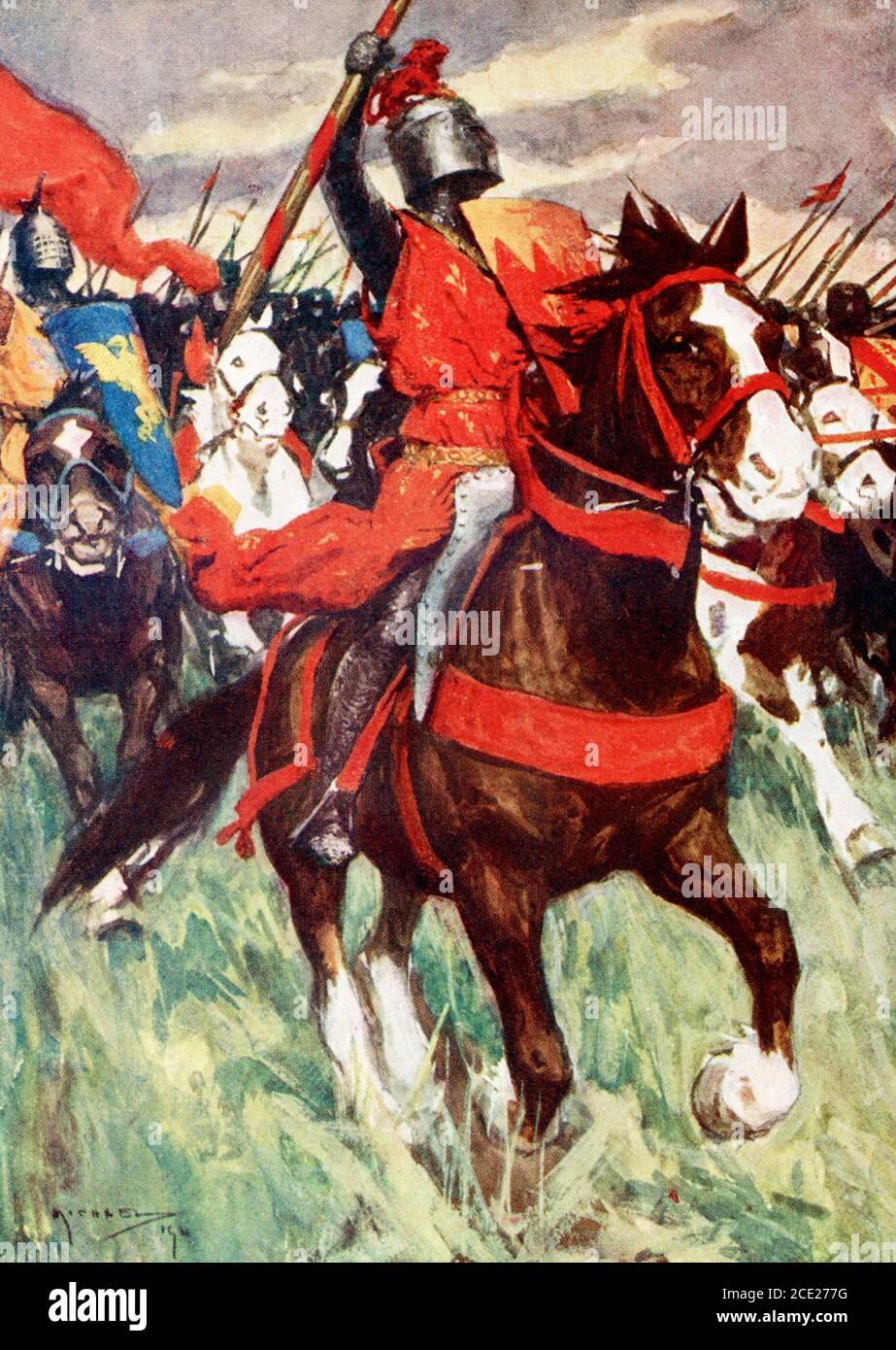 La légende se lit comme suit : Philippe s'est emparé au milieu d'une blague de trompettes Philip Augustus et Louis VIII à la bataille de Bouvines. La bataille de Bouvines (27 juillet 1214) a donné une victoire décisive au roi français Philippe II Auguste sur une coalition internationale du Saint empereur romain Otto IV, du roi Jean d'Angleterre, et des vassaux français Ferdinand (Ferrand) du Portugal, comte de Flandre, et Renaud (Raynald) de Dammartin, comte de Boulogne. La victoire a renforcé le pouvoir et le prestige de la monarchie française en France et dans le reste de l'Europe Banque D'Images