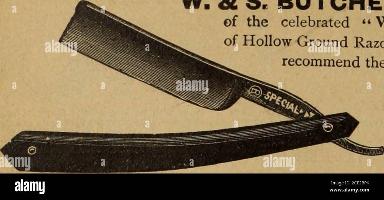 . Merchandising matériel 1895 . ) ^^H^C7-^W?^QR^&gt; HpBrand est le plus parfait des rasoirs Extra Hollow roppés evermanufacturés et particulièrement adaptés à l'utilisation de barbers et à l'utilisation de priv-ate. Les rasoirs authentiques sont marqués d'une des marques de commerce Corpor-ate suivantes :. WADE & BOUCHER, SHEFFIELD, ANGLETERRE. OR ® •* OU FOB VENTE PAR AI-T. CONCESSIONNAIRES DE HARPWAKE, COUVERTS et ARTICLES DE FANTAISIE JAMES HUTTON & CO., agents, Montréal COURS DU MARCHÉ TORONTO, 11 octobre 1895.ces prix sont pour les qualités et les qumtities qui sont habituellement commandées par les retaildealers selon les conditions de crédit habituelles, les plus récentes Banque D'Images