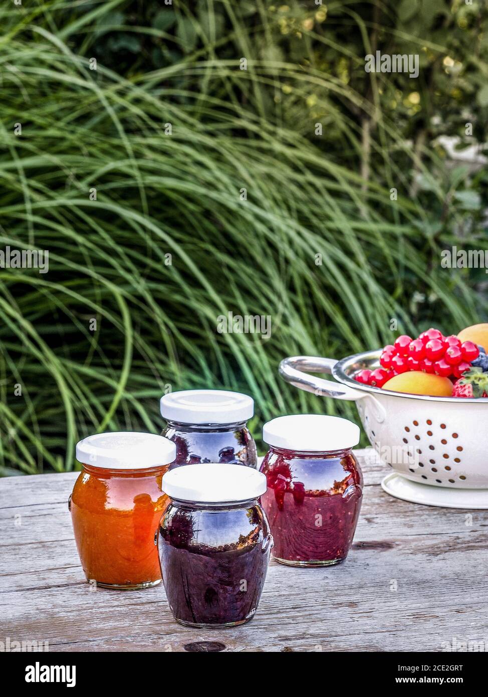 Quatre bocaux avec confiture maison de mûres, fraises et abricots sur la table dans le jardin. Bol de fruits frais sur le fond. Banque D'Images