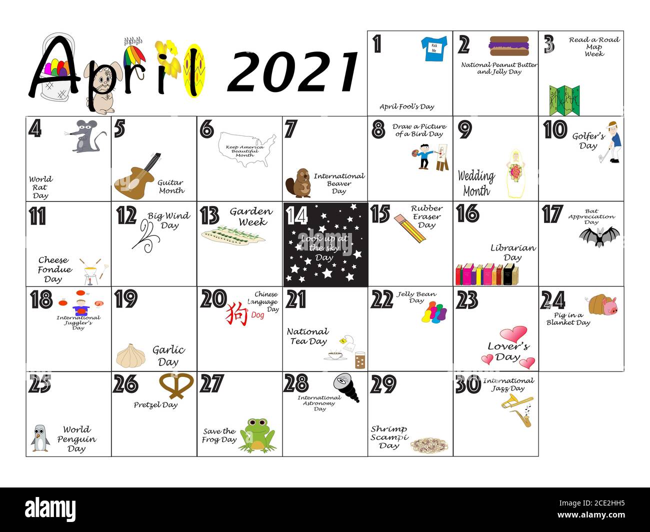 Calendrier mensuel d'avril illustré et annoté avec des fêtes originales et des fêtes insolites avec la semaine de début du dimanche. Banque D'Images
