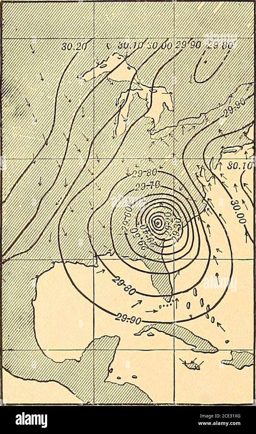 . Géographie physique élémentaire . décrit dans le dernier chapitre. L'air se déplace vers la zone acentrale, où il monte et s'échappe dans l'air au-dessus. Ce débordement de l'air dans les parties supérieures de la tempête, est montré à existpar les mouvements des nuages supérieurs, qui s'allontent en tant que longs courants. Effets.—la violence des vents dans un ouragan est presque incroyable, et le navire manya qui a été drawninto le tourbillon dangereux n'a pas pu échapper à la déconstruction. La tendance est qu'un navire soit situé autour du centre de la tempête et qu'il passe par le centre ou l'œil de la tempête, Banque D'Images
