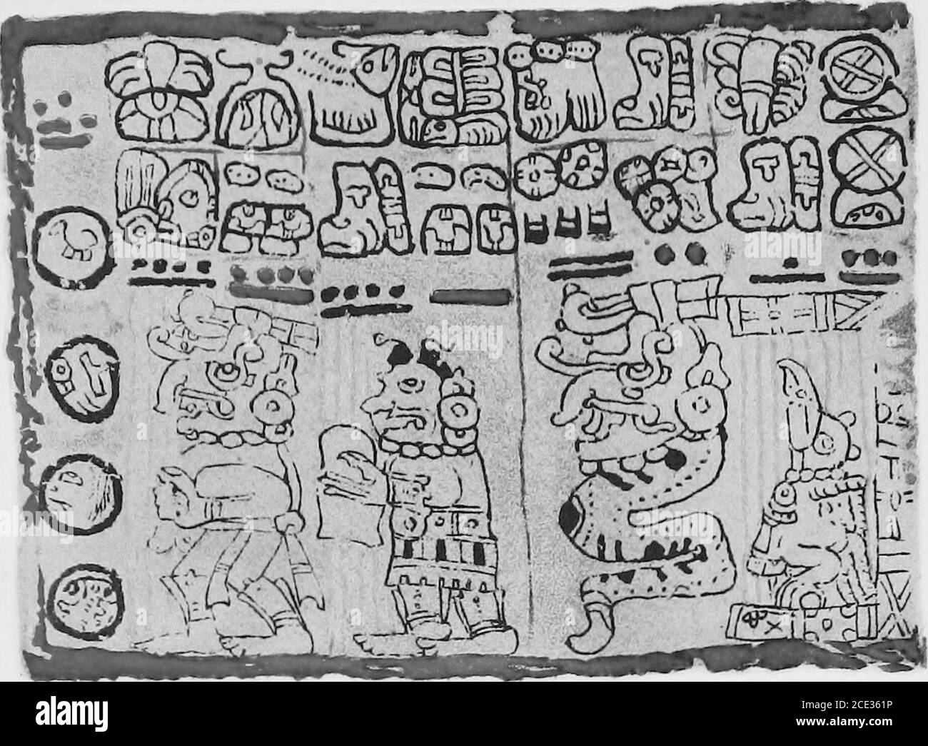 . Introduction à l'étude des hiéroglyphes mayas . n 65 1 Caban LOC 6 Imix 1 Muluc65 application de la règle 4 (p. 253) à ce tonalamatl, nous avons: 4X65 = 260,le nombre exact de jours a un tonalamatl. Les tonalamattes présentées ci-avant ont toutes été extraites du Codex de Dresde. Les exemples suivants ont toutefois été choisis parmi les tonalamatils du Codex Tro-Cortesianus. L'étudiant notera que le navire de travail dans ce dernier manuscrit est bien inférieur à celui du DresdenCodex. Ceci est particulièrement vrai en ce qui concerne l'exécution des glyphes. Le premier tonalamatl figuré du C Banque D'Images
