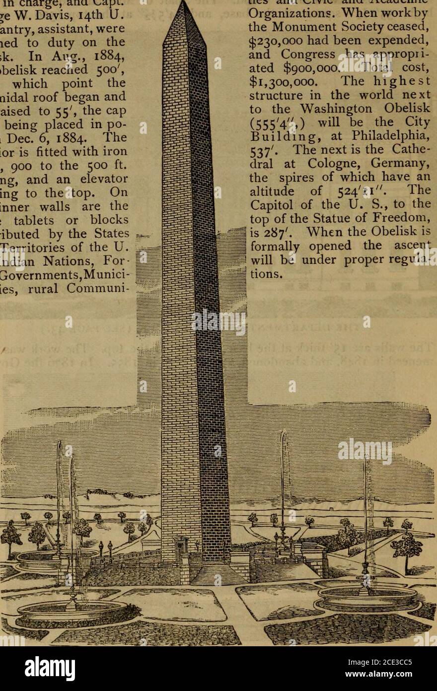 . Washington, que voir, et comment le voir. Un guide touristique .. . LES CONSERVATOIRES—DÉPARTEMENT DE L'AGRICULTURE. Ment a pris en charge l'achèvement de l'Obélisque et a fait des appro-priations libérales à cette fin en 1878, Lieut.-Col. Thomas L. Casey, U. S. Engi- 40 WASHINGTON OBÉLISQUE. Neers en charge, et Capt.George W. Davis, 14e infanterie américaine, assistant, a été dédicacé de service sur le théobélisque. En août, l'obélisque de l'ithe a atteint 500,à partir de laquelle le toit pyramidal a commencé et a été élevé à 55, la capstone étant placée en po-sition 6 décembre 1884. L'intérieur est équipé de marches, 900 à 500 pieds Banque D'Images