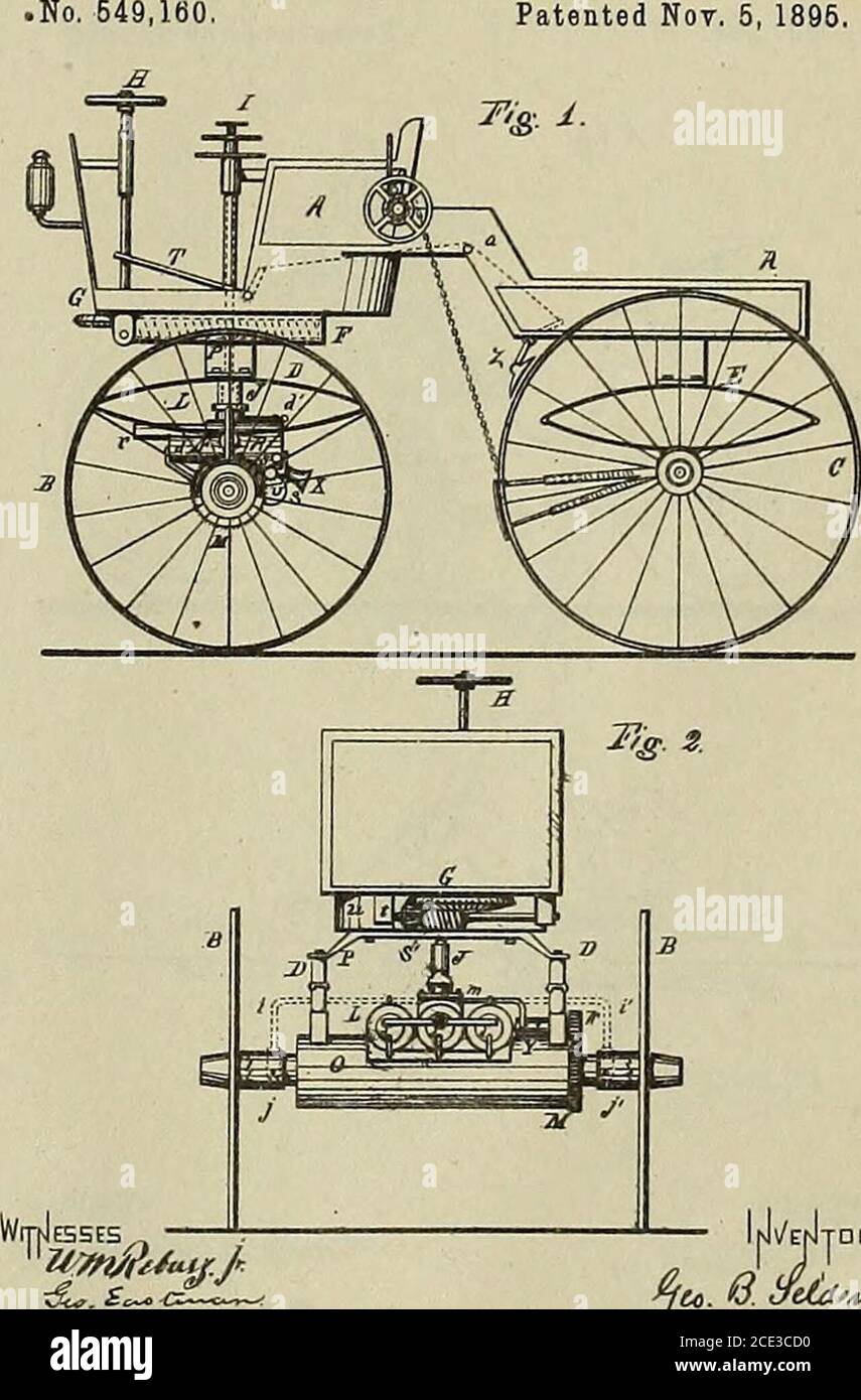 . Résumé des brevets automobiles américains de 1789 au 1er juillet 1899, y compris tous les brevets officiellement classés comme moteurs de traction pour la même période. Chronologiquement arrangé ... avec des listes de brevets dans les classes de moteurs portables, de roues de traction, de locomoteurs électriques, et de systèmes électriques de batterie de chemin de fer ... . /entr 66 GAZ. N° 549,160. 2 feuilles—feuille 2 C-. B. SELDEN, B04D ENSINE. Breveté le 5 novembre 1895. Banque D'Images