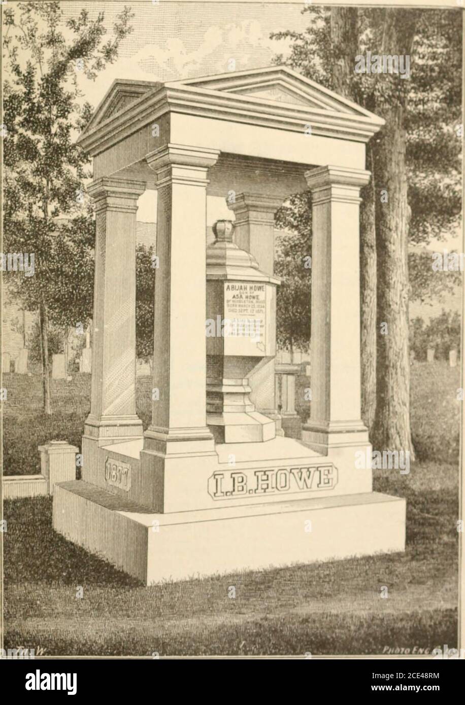 . Procès-verbaux du centenaire et incidents historiques des premiers colons de Northfield, Vt. : Avec des croquis biographiques d'hommes d'affaires éminents qui ont été et sont maintenant résidents de la ville . ld Northfield reste aussi fort assever, et il me gratifie de savoir que je ne suis pas encore tout à fait oublié, mais peut encore demander la citoyenneté dans votre coeur, si pas dans vos elec-tions. MONUMENT D'ISAAC B. HOWE, ESQ. Le monument familial est ce que l'on appelle une canopée, ou monument portique, et est de l'ordre dorique de l'arélitecture. La base est de sept pieds, et la hauteur tivelve leet de la sxuiace du sol t Banque D'Images