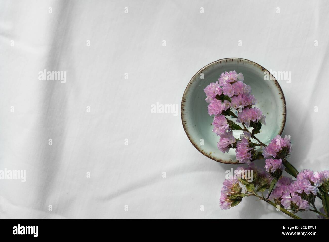 petite fleur pourpre avec thé en céramique pour boire sur blanc arrière-plan Banque D'Images