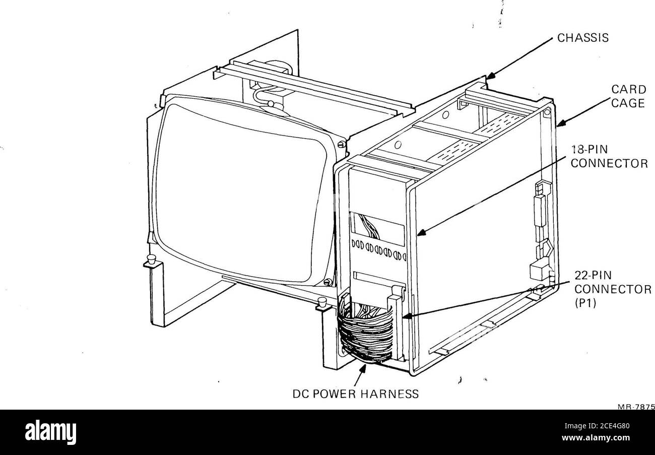 . dec :: Terminal :: Vt180 :: EK-VT18X-IN-002 Guide de mise à niveau et de test du système VT18X Jul1982 . Figure 2-8 installation de la carte de palette VT180 12 INSTALLATION DU KIT de MISE À NIVEAU VT18X DÉCONNECTER LE FAISCEAU d'ALIMENTATION CC DE L'AVANT DU CHÂSSIS retirer le connecteur à 22 broches (figure 2-9) du châssis avant droit en dégageant les deux anneaux de retenue de son bord à l'aide d'une pince à bec effilé, ou soulever les clips du haut et du bas du connecteur et les mettre au rebut. Figure 2-9 débranchement du faisceau d'alimentation CC SI NÉCESSAIRE, RETIREZ LA FICHE DE LA CARTE DE FOND DE PANIER D'EXTENSION le fond de panier d'extension, livré avec le VT18X, est doté d'une fiche de clé Banque D'Images