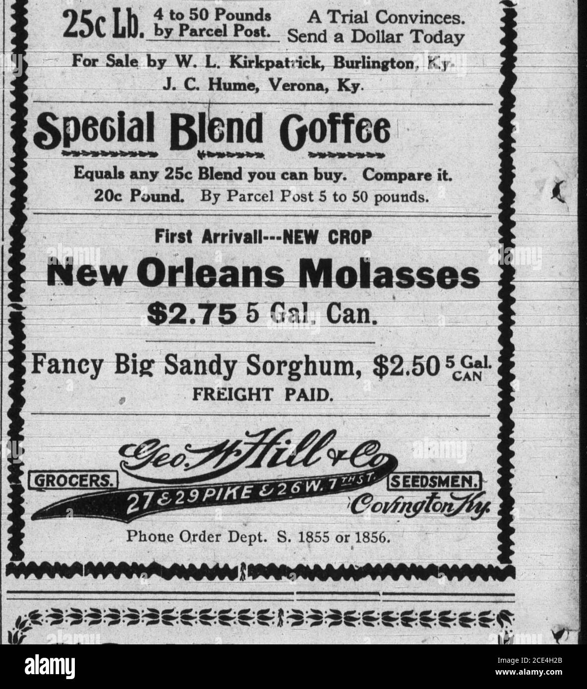 . Boone County Recorder . AVOIR LE DROIT EXCLUSIF DE VENDRE—  Raymond City ICOALl à Erlanger, Ky. VOTRE COMMANDE EST SOLLICITÉE. Téléphone consolidé 343-x.. Le Fioffee Special Blend équivaut à n'importe quel mélange 25c que vous pouvez acheter. Comparez it20c Pound. Par courrier postal S à 50 livres. Première Arrivall—NOUVELLE RÉCOLTE Nouvelle-Orléans molasse 2.75 5 $ gal. CAN. Big Sandy Sorghum fantaisie, 2.50 $ *g* FRET PAYÉ. Phone Order Dept. S. 1855 ou 1856 W -STXJ il/ f lfl J^ nous livrerons du charbon, qualité yi/ li m&gt;S I /a J garanti, à Burlington à |/ ifc ^» ^^ ^^ ??* ??*?????»? 18 centg a bU3hel, ^ W Laissez vos commandes chez W. L. Kirkpatrick Banque D'Images