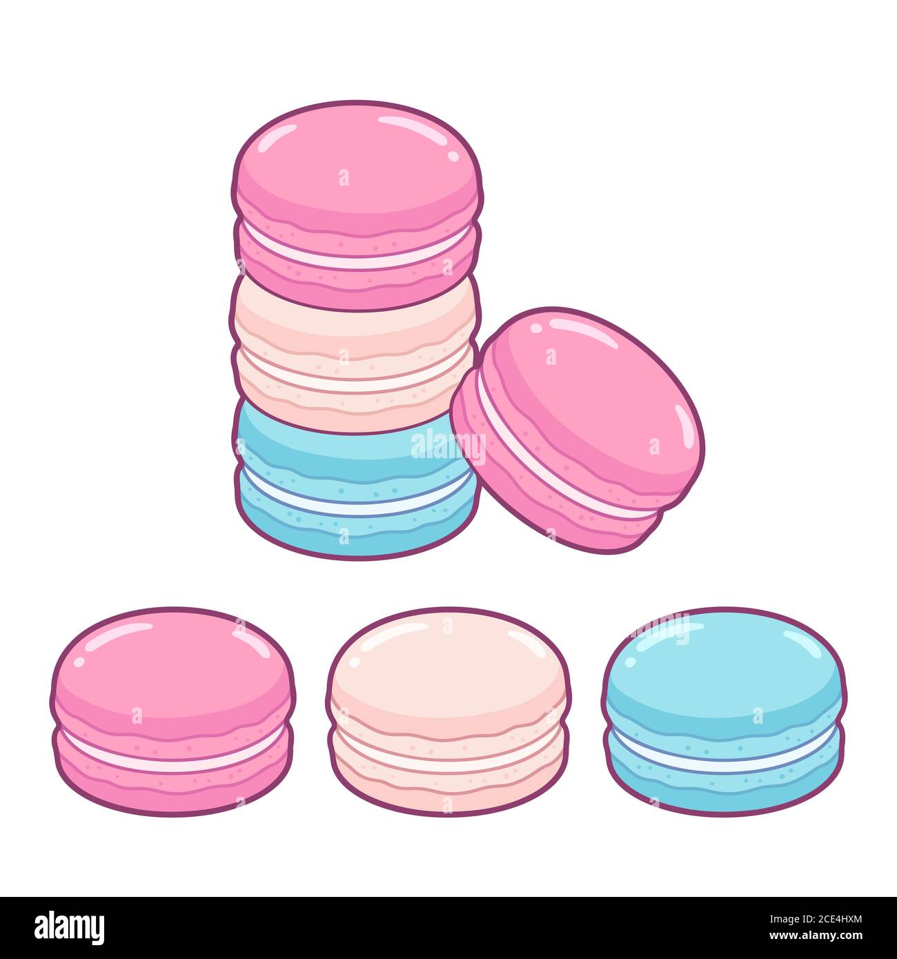 Cookies de caricature Macaron : rose, bleu et blanc. Dessin traditionnel de desserts sucrés français. Illustration vectorielle mignonne dessinée à la main. Illustration de Vecteur