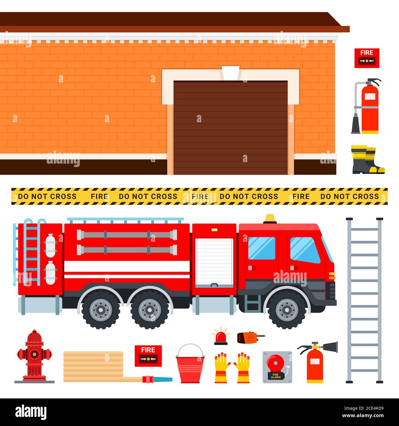 Ensemble de pompiers camion, tenue de pompier et dessin vectoriel de garage dans un modèle plat. Illustration de Vecteur