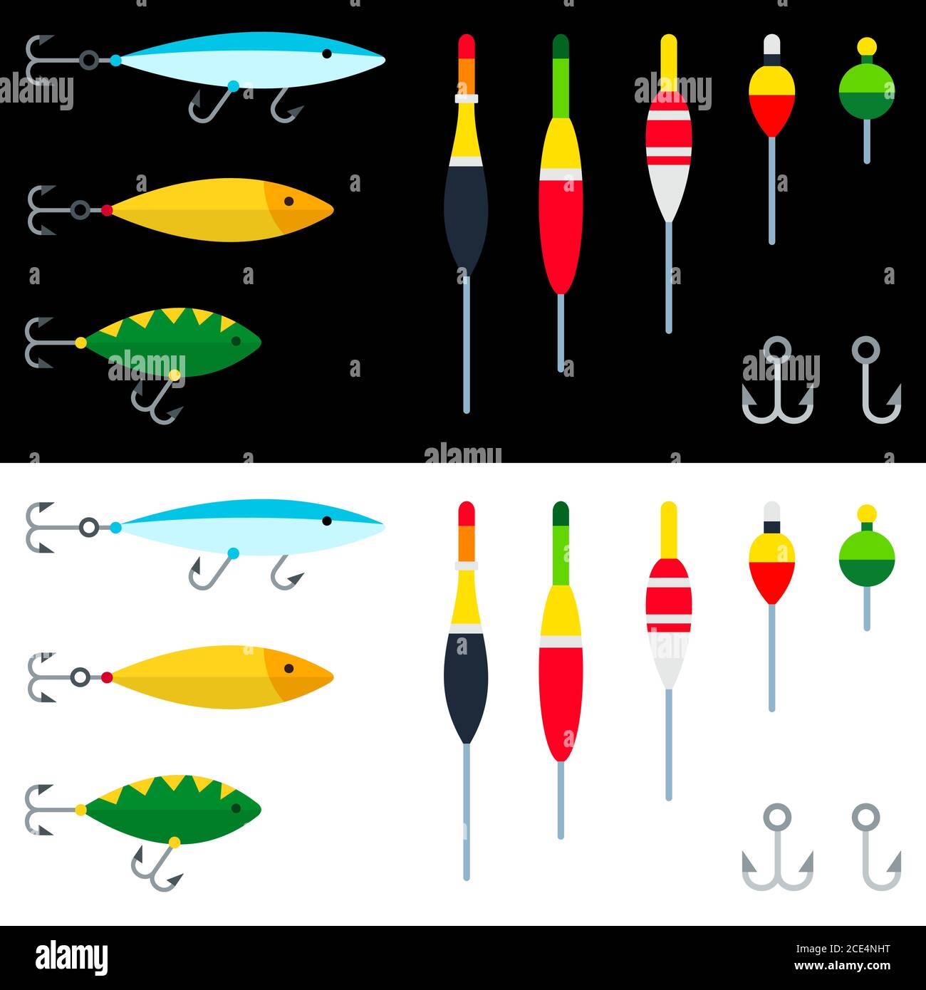 Jeu d'accessoires de pêche, crochets, boules, flotteurs illustration vectorielle dans un modèle plat. Illustration de Vecteur