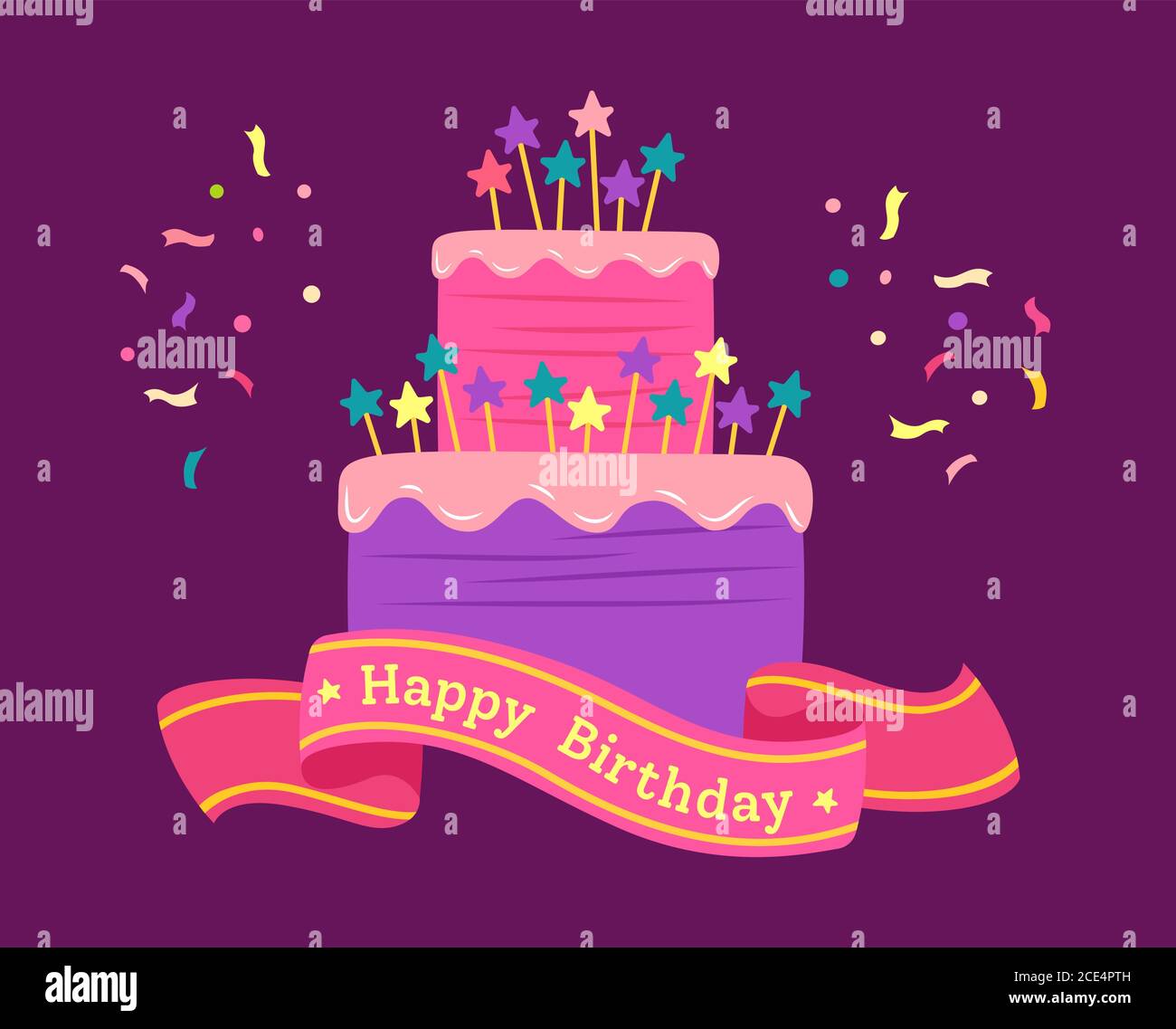 Ruban De Voeux Pour Joyeux Anniversaire Gateau Plat Avec Etoiles Confetti Caricature Coloree Delicieux Dessert Element De Conception De Fete Tarte Aux Bonbons Pour Les Fetes Illustration Vectorielle Isolee Sur Fond Sombre