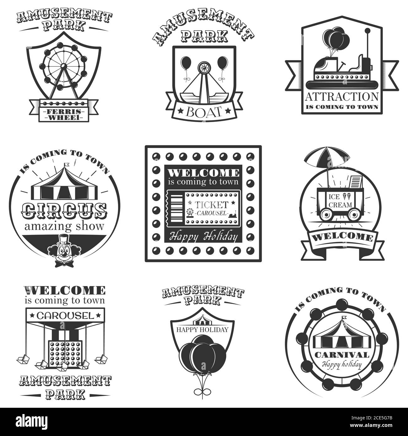 Ensemble vectoriel d'étiquettes de parc d'attractions et d'éléments de design dans un style vintage. Symboles, logos, bages et éléments de design noir et blanc du parc d'attractions Illustration de Vecteur