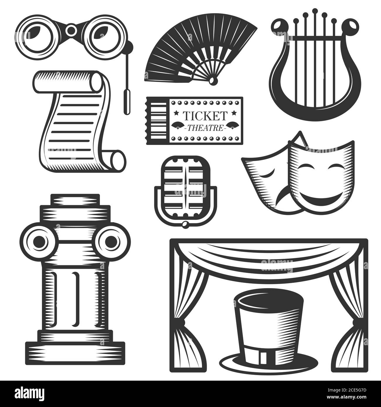 Ensemble vectoriel d'icônes classiques isolées du théâtre. Symboles et éléments de design en noir et blanc. Illustration de Vecteur