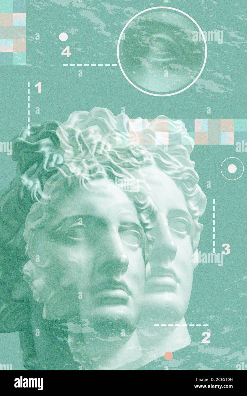 Collage d'art avec sculpture antique d'Apollon face et de nombres, formes géométriques. Beauté, mode et santé. Science, rese Banque D'Images