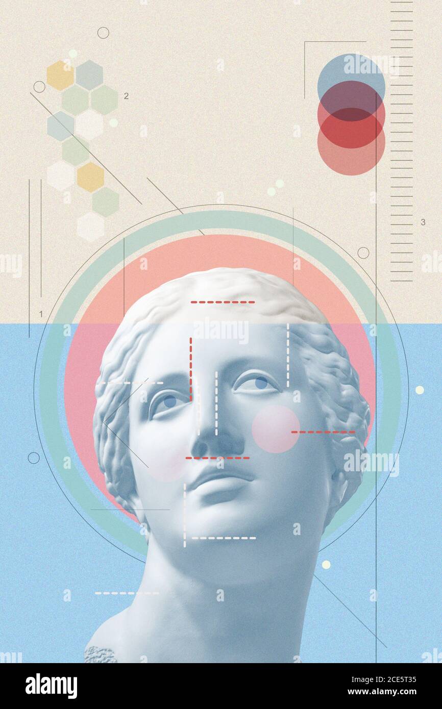 Collage d'art avec sculpture antique de la face et des nombres de Vénus, formes géométriques. Beauté, mode et santé. Science, resea Banque D'Images