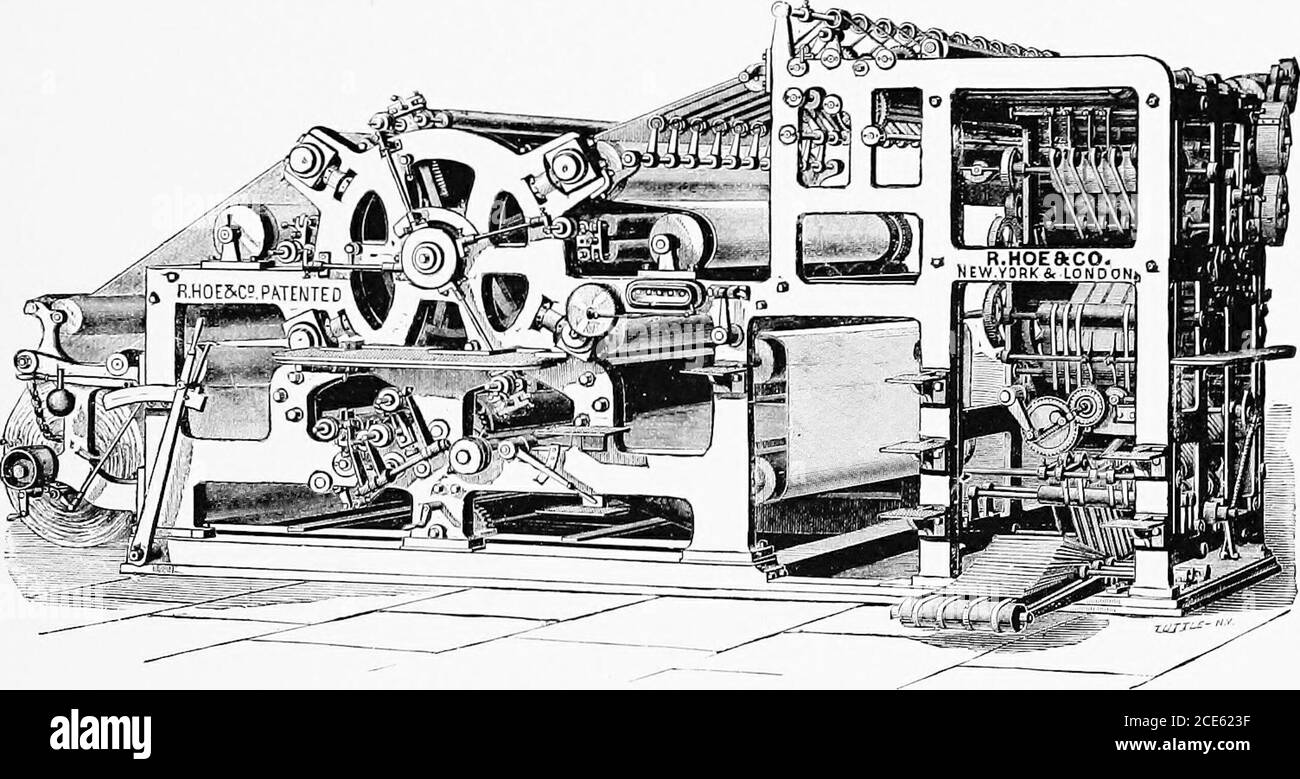. Bref historique de la presse à imprimer et des améliorations apportées aux machines à imprimer depuis Gutenberg jusqu'à aujourd'hui . ooca & lt; La PRESSE WEB ROTATIVE de type Hopi zo u a, 67 (il y a cinquante ans) est toujours en service au bureau de Messrs D. Appleton & Co.sprinting à Brooklyn, aussi actif et efficace que jamais. En 1881, Hoe & Co. A tourné son attention vers la fabrication d'otachine qui devrait imprimer à partir d'une seule forme de type à une vitesse de greaterspeed que jamais été atteint. Le résultat a été la presse à feuilles sans fin de type RO-Ttary. Le principe de cela. WEB ROTATIF PE Banque D'Images