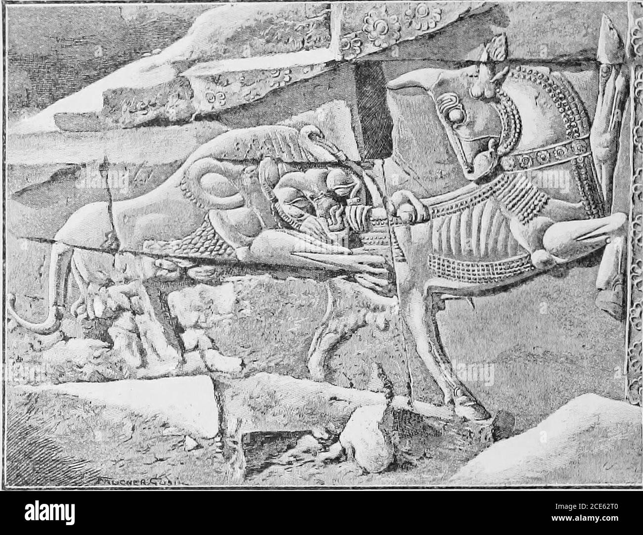 . Histoire de l'Égypte, de la Chaldée, de la Syrie, de la Babylonia et de l'Assyrie. LE PEOPYLiEA DE XEKXES I. À PEKSEPOLIS. Qui, pris ensemble, forme un rectangle mesurant 300 pieds par 260 pieds sur les deux côtés, la zone étant approxi-matelement celle de la cour du Louvre. Le centre dessiné par Boudier, de l'héliogravure de Marcel Dieulafoy. 268 LES DERNIERS JOURS OP L'ANCIENNE colonnade DE L'EST, qui était la plus grande des trois, était enfermée par des murs de trois côtés, mais était ouverte au sud.immenses festons de draperies accrochés à la woodentablature, et des rideaux, suspendus de tiges entre la première rangée Banque D'Images