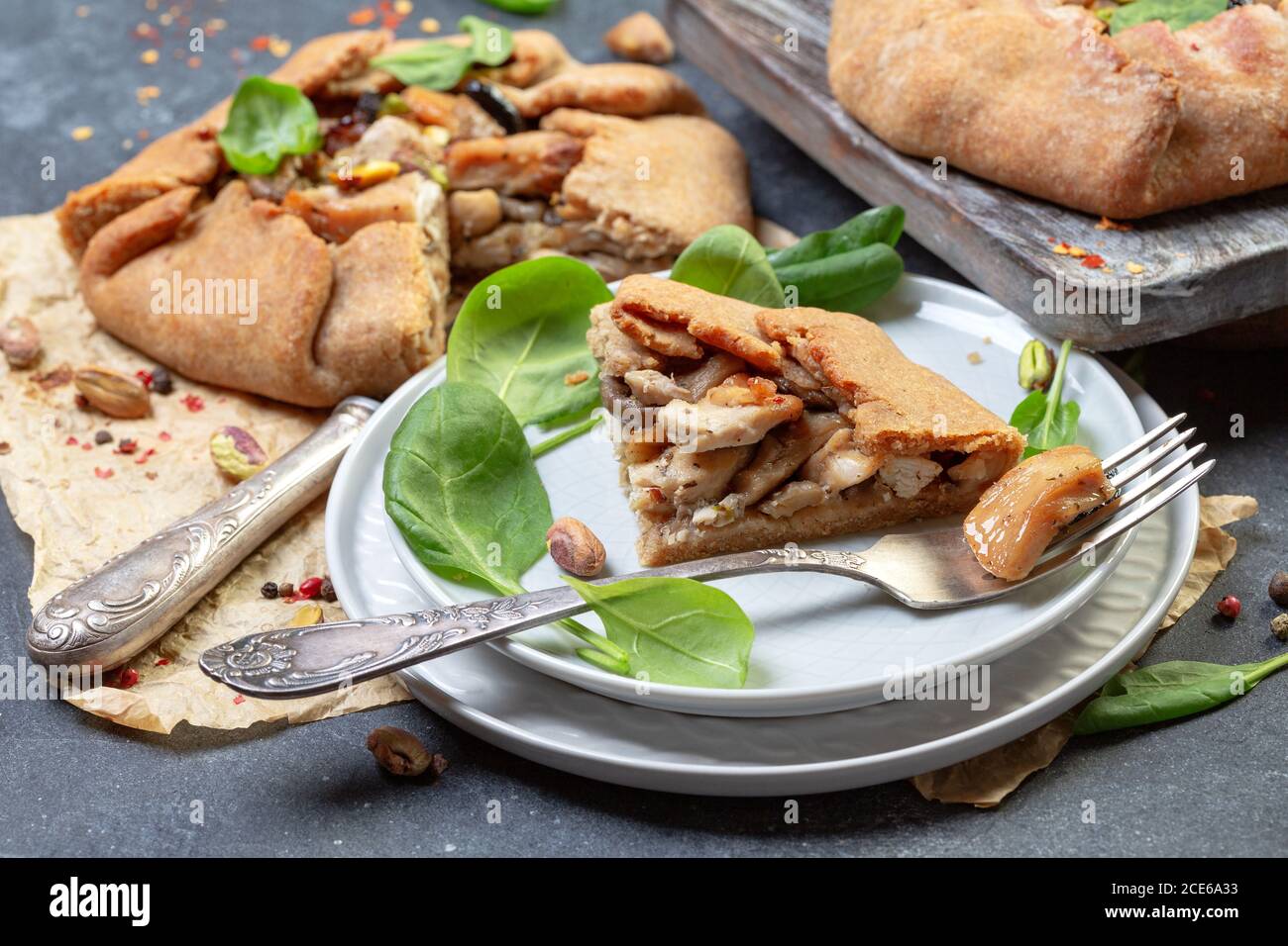 Morceau de tarte au seigle avec poulet, oignons et champignons. Banque D'Images