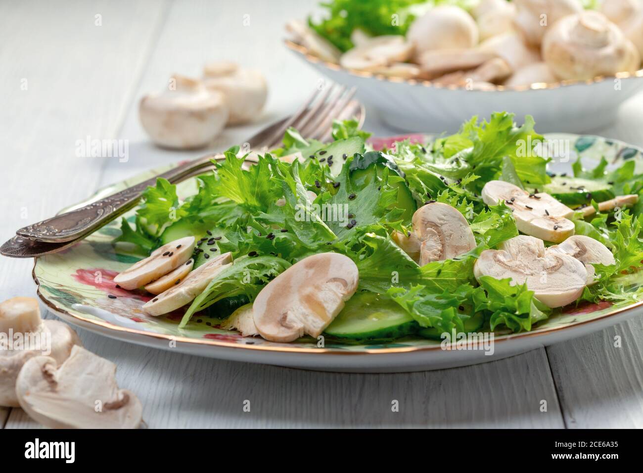 Salade de concombres, salade verte et champignons crus. Banque D'Images