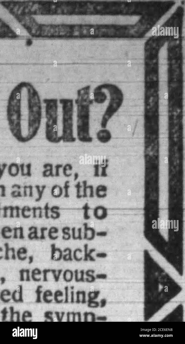 . Boone County Recorder . Sans doute vous êtes, si vous souffrez d'une des maladies énumérantes tochhich une femme sont sous-sujet. Maux de tête, mal de dos, mal de rive, nervosité, faible, sensation de fatigue, sont quelques-uns des toms symp, et vous devez débarrasser Jrourself d'eux dans ordero se sentir bien. Les femmes Thousandsof, qui ont reçu des soins de thismedure, vous exhortent à PRENDRE car dui les femmes Tonic Mme Sylvania Woods, de Clifton Mills, Ky., dit: Avant de prendre CarduI, j'étais, parfois, si faible Ipourrait à peine marcher, et la douleur dans mon dos et la tête m'a presque tué.après avoir pris trois lesbottwttli de Cardui, les douleurs sont apparues. Maintenant Banque D'Images