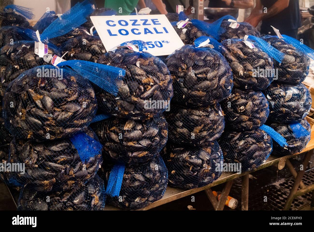 Moules au marché de poissons.Ortigia zone urbaine. Syracuse Siracusa, Sicile Italie, saison d'été Banque D'Images