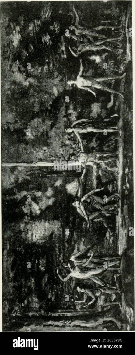 . Peintres américains d'hier et d'aujourd'hui . <: LES NOUVELLES fondations YORKPUBLIBIC LIBRAILY ASTOU, LENOX ET TILOJEN E L. C ° CJ pi:UL/LC LIBllARY X ANDTLLIL.^ i-UL-SOAT10N3 couleur ou design dans une image qu'ils sont constamment nommant. Si, en effet, ces œuvres ont des implications, elles sont totalement perdues dans un style de composi-tion à la fois trop impliquées dans la compréhension humaine et trop évidemment égoïste et permotimit personnel de tout plaisir intellectuel permanent même si elles étaient intelligibles. Représenter un nombre illimité de figures humaines exquises ensemble dans ela Banque D'Images