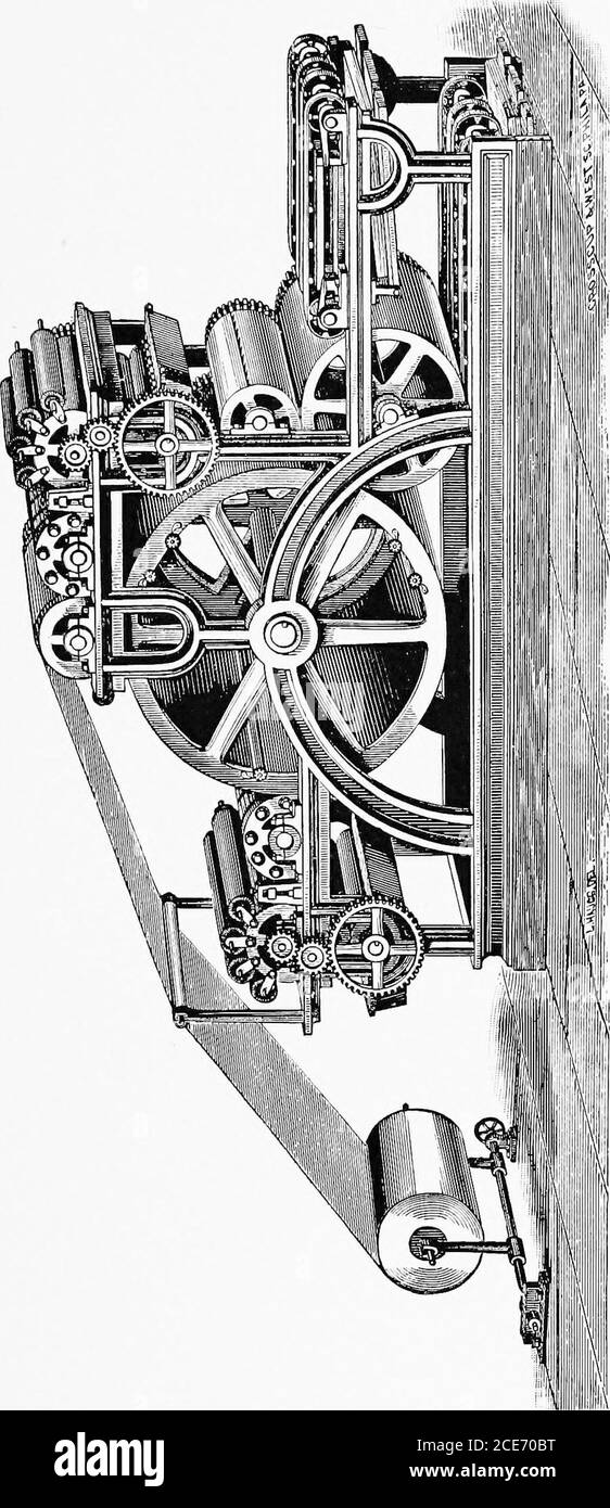 . Bref historique de la presse à imprimer et des améliorations apportées aux machines à imprimer de l'époque de Gutenberg à nos jours . 1871 R. Hoe & Co. S'est également tourné vers la construction d'une presse rotative perfectrice pour imprimer à partir d'un rouleau ou d'une toile de papier. Comme on l'a déjà dit, les plus grandes difficultés à rencontrer étaient:— d'abord. Le départ du premier côté. Des dispositifs ont été utilisés pour surmonter cela et les fabricants d'encre ont été induits à prêter une attention particulière à la fabrication d'encres à séchage rapide ou sans mise hors tension. Deuxièmement. Les difficultés à obtenir du papier dans le rouleau de l'onu Banque D'Images