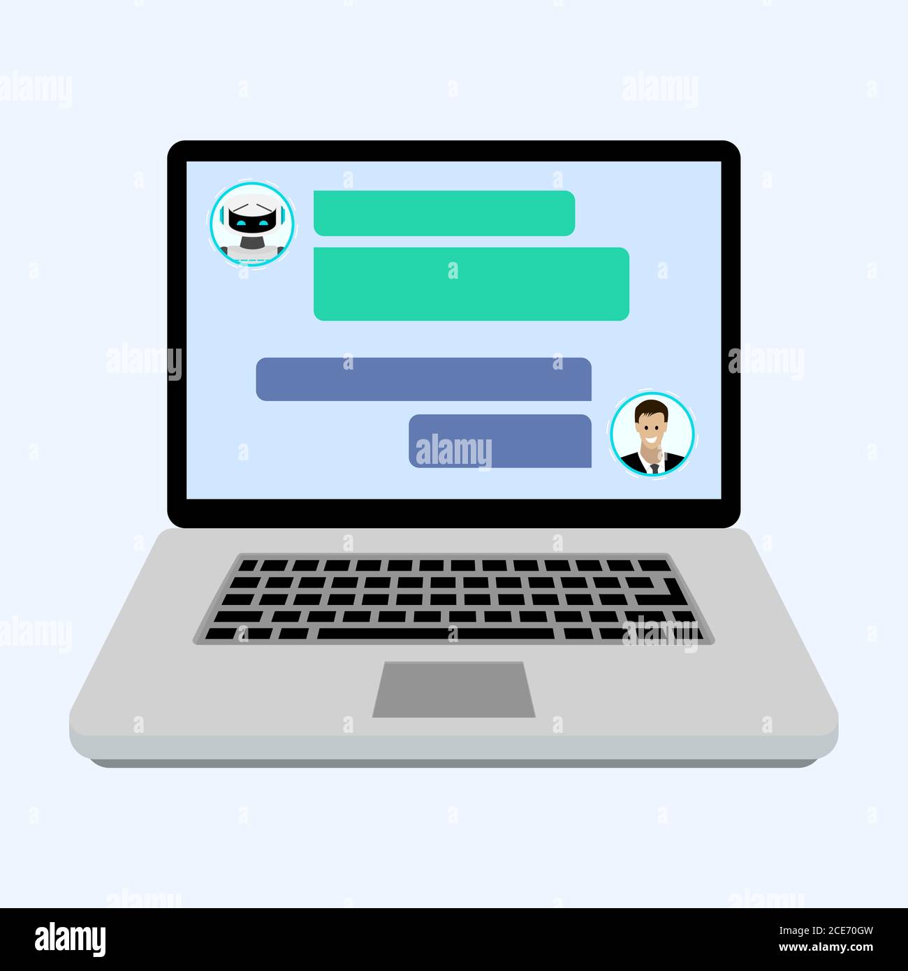 Assistance en ligne chatbot, chat avec ordinateur portable avec assistance. Prise en charge du service de chat, communication en ligne bot, conversation web virtuelle chat par ordinateur portable. V Illustration de Vecteur