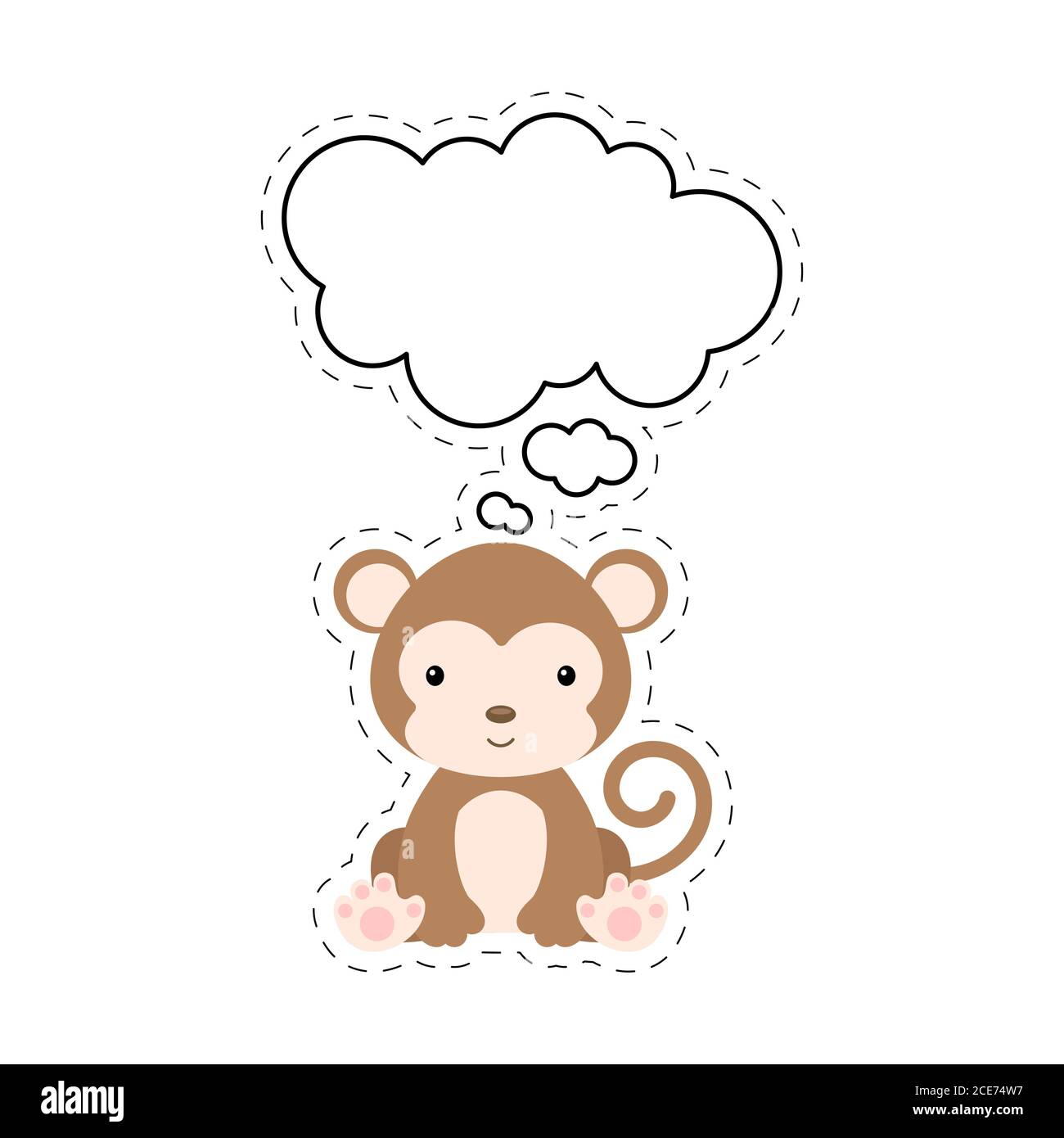 Joli singe de dessin animé avec autocollant à bulle de discours. Caractère kawaii sur fond blanc. Bande dessinée assis animal carte postale clipart pour anniversaire bébé douche Illustration de Vecteur