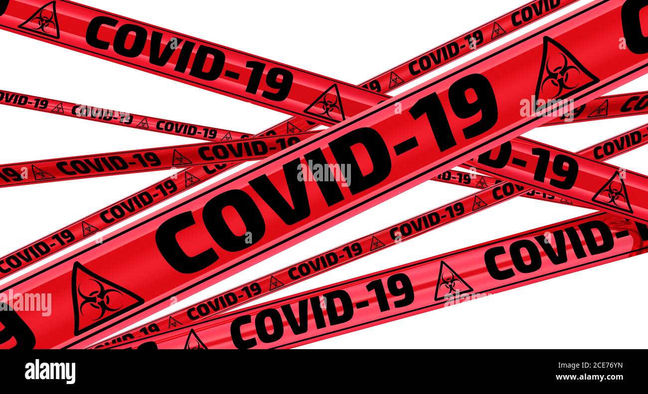 COVID-19. Bandes d'avertissement rouges avec texte noir COVID-19 (le nouveau coronavirus de 2019, également connu sous le nom de 2019-nCoV). Isolé. Illustration 3D Banque D'Images