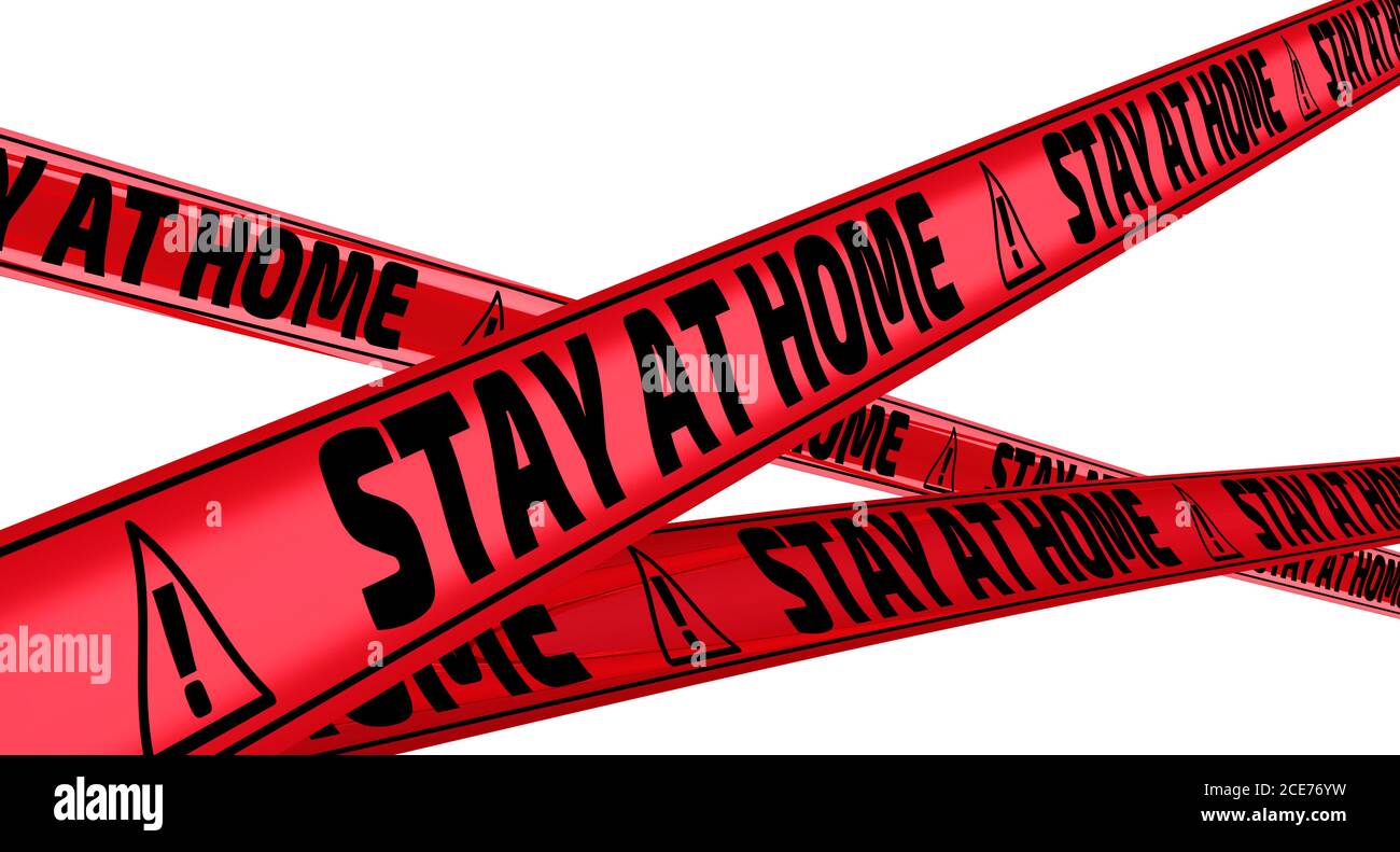 Restez à la maison. Rubans d'avertissement rouges avec texte noir RESTEZ À LA MAISON! Isolé. Illustration 3D Banque D'Images