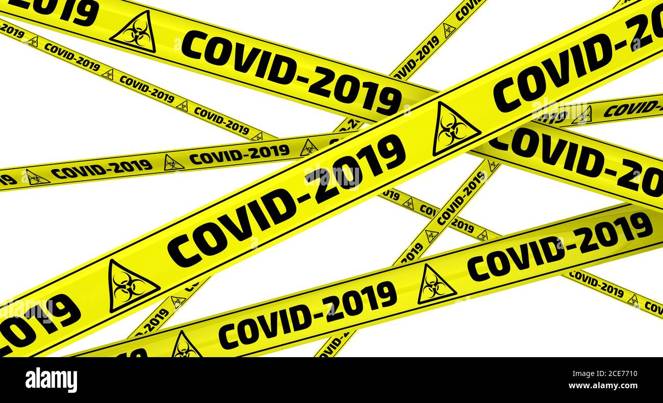 COVID-19.rubans d'avertissement jaunes avec texte noir COVID-2019 (le nouveau coronavirus de 2019, également connu sous le nom de 2019-nCoV). Isolé. Illustration 3D Banque D'Images