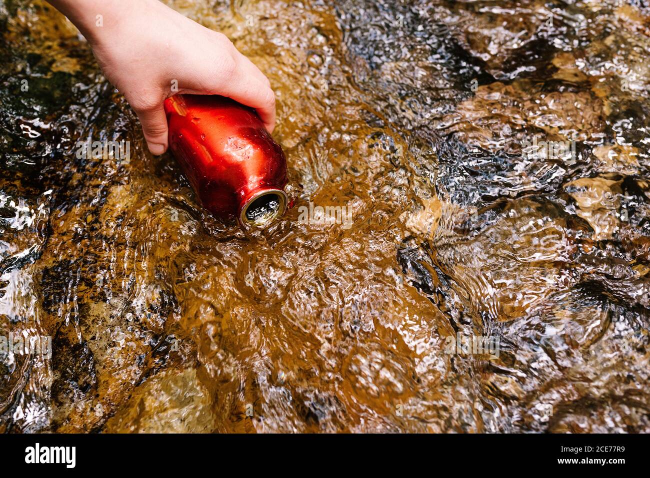 Du dessus de la récolte une femme assoiffée et méconnaissable en vêtements d'extérieur l'eau du ruisseau tout en se reposant dans la forêt verte Banque D'Images