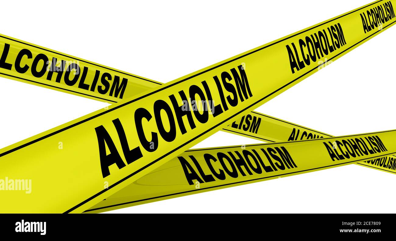 Alcoolisme. Rubans d'avertissement jaunes avec des mots noirs ALCOOLISME (également connu sous le nom de troubles de la consommation d'alcool - AUD). Isolé. Illustration 3D Banque D'Images