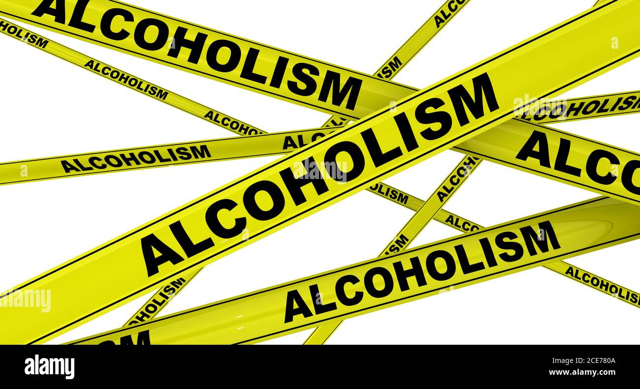 Alcoolisme. Rubans d'avertissement jaunes avec des mots noirs ALCOOLISME (également connu sous le nom de troubles de la consommation d'alcool - AUD). Isolé. Illustration 3D Banque D'Images