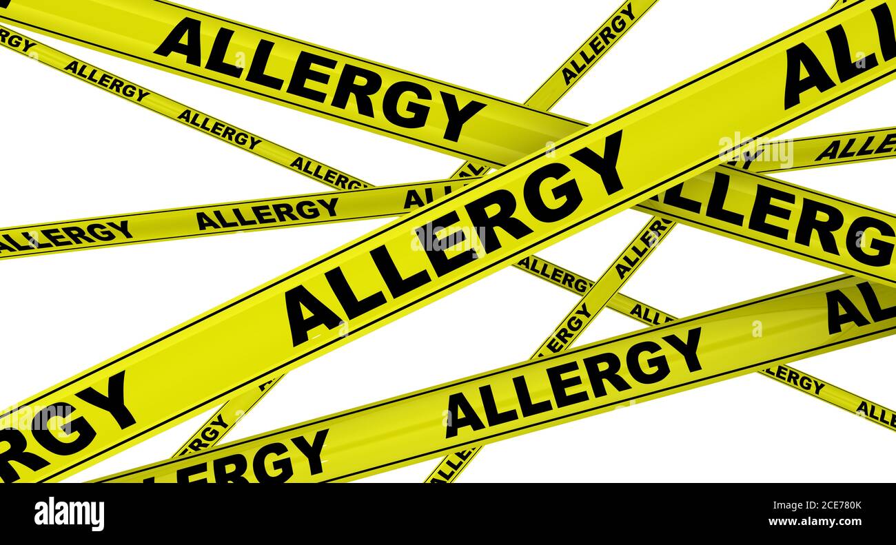 Allergie. Rubans d'avertissement jaunes avec mots noirs ALLERGIE. Isolé. Illustration 3D Banque D'Images