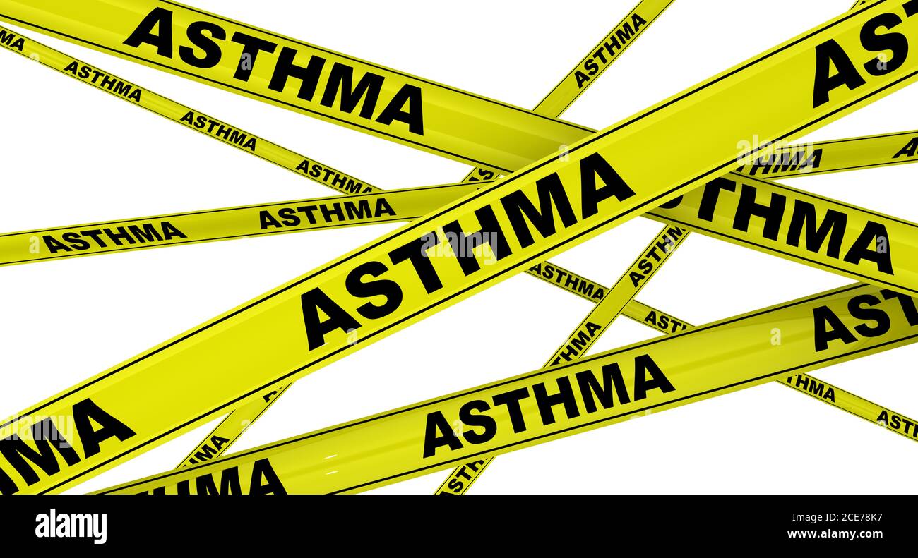 Asthme. Rubans d'avertissement jaunes avec des mots noirs ASTHME (maladie des voies respiratoires des poumons). Isolé. Illustration 3D Banque D'Images