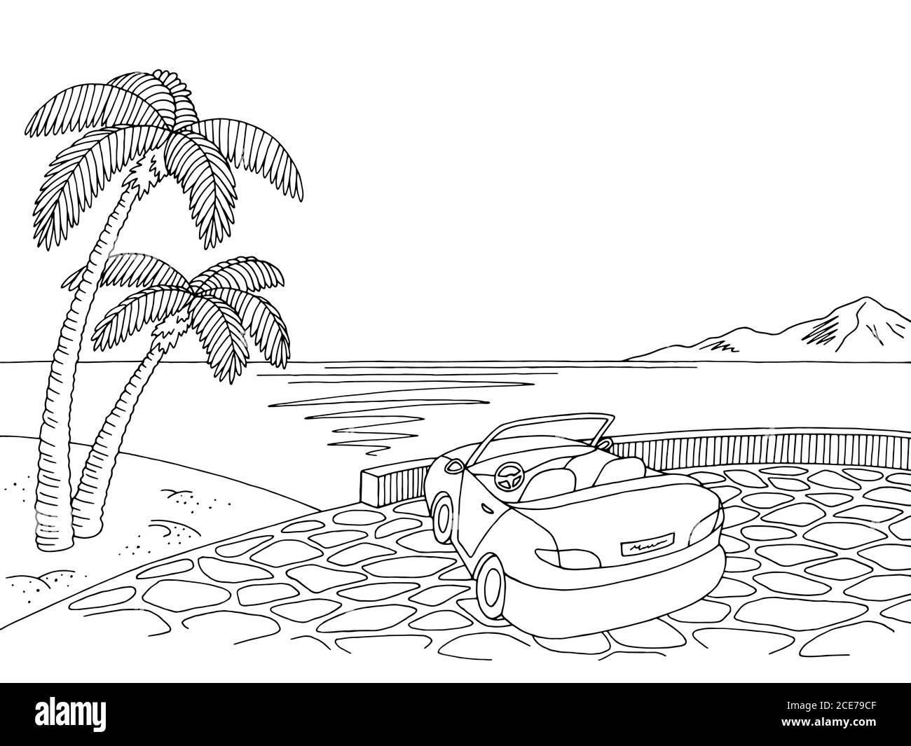 Sea Coast cabriolet graphique noir blanc paysage dessin illustration vecteur Illustration de Vecteur