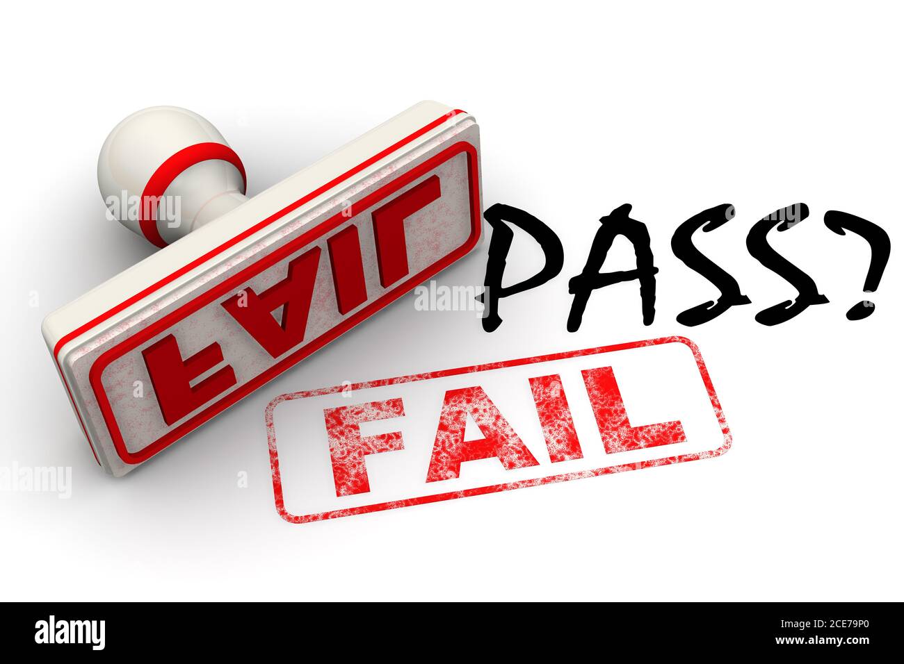 Réussite ? Non, échec. L'embouti et une empreinte. Mot NOIR PASSE? Et le tampon et l'empreinte en caoutchouc rouge ÉCHOUENT sur la surface blanche. Illustration 3D Banque D'Images