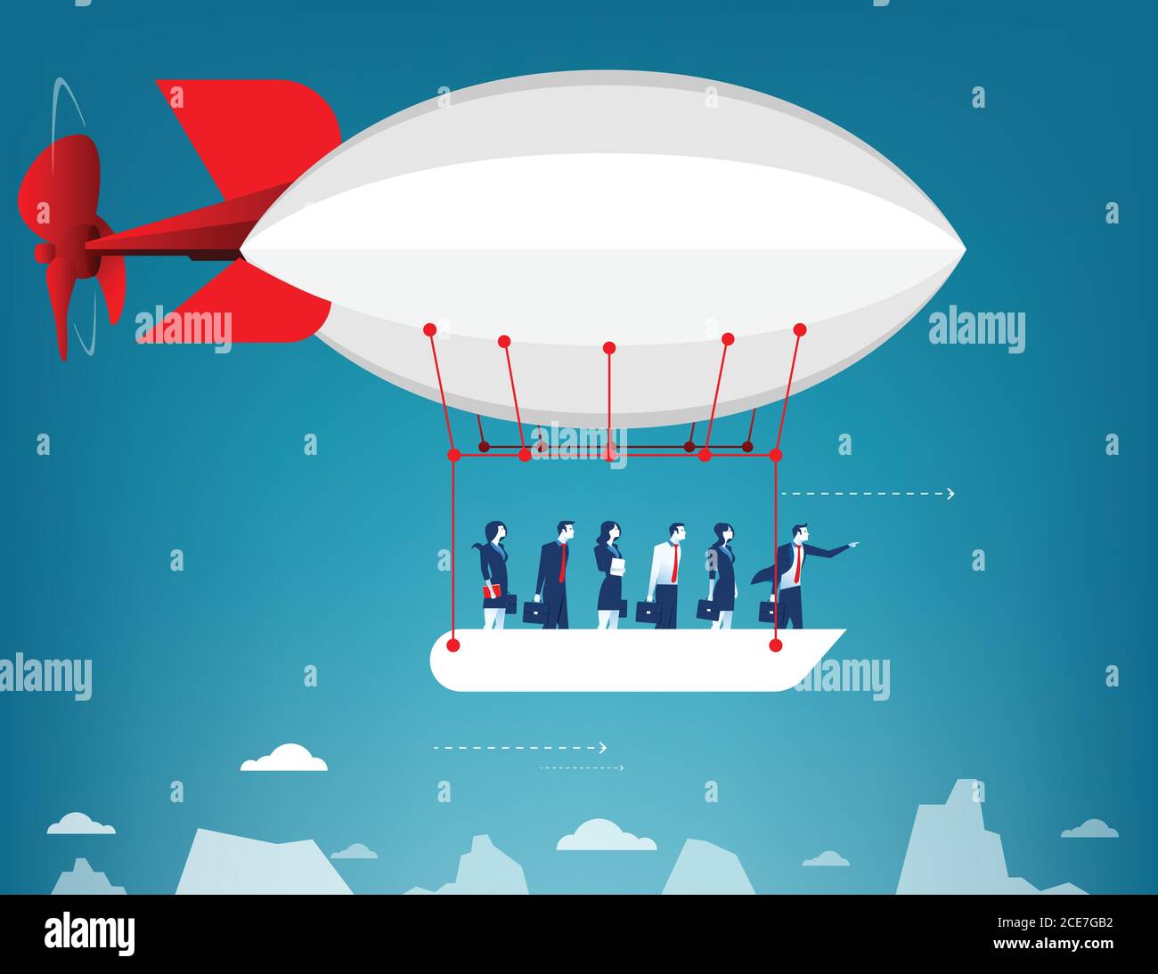 Équipe d'affaires volant dans le ciel à bord d'un ballon d'air chaud. Vue sur les sommets de montagne. Illustration commerciale concept. Vecteur plat Illustration de Vecteur