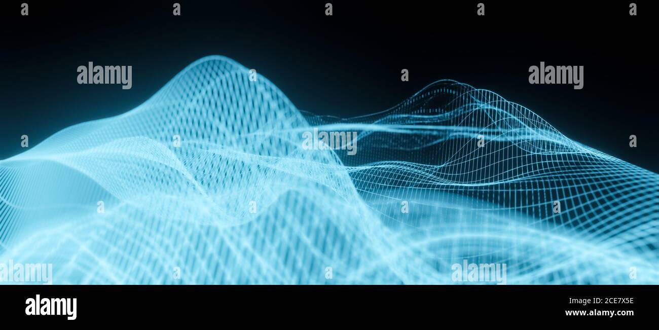 Structure moderne en grille abstraite ou en filaire, arrière-plan virtuel, technologie numérique, concept de science ou de données, visualisation des ondes sonores, rendu 3D cgi Banque D'Images