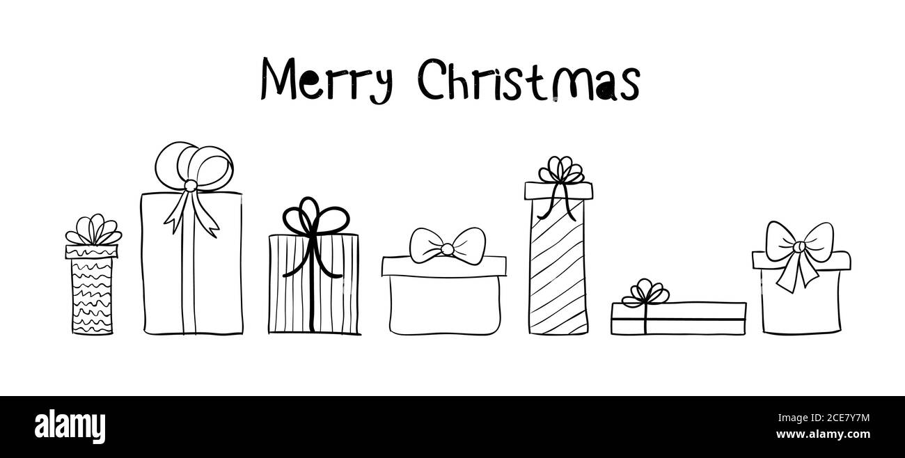 Banderole longue pour boîtes-cadeaux dessinées à la main. Carte de vœux de Noël à motif vectoriel pour les réseaux sociaux avec cadeaux de Noël Illustration de Vecteur