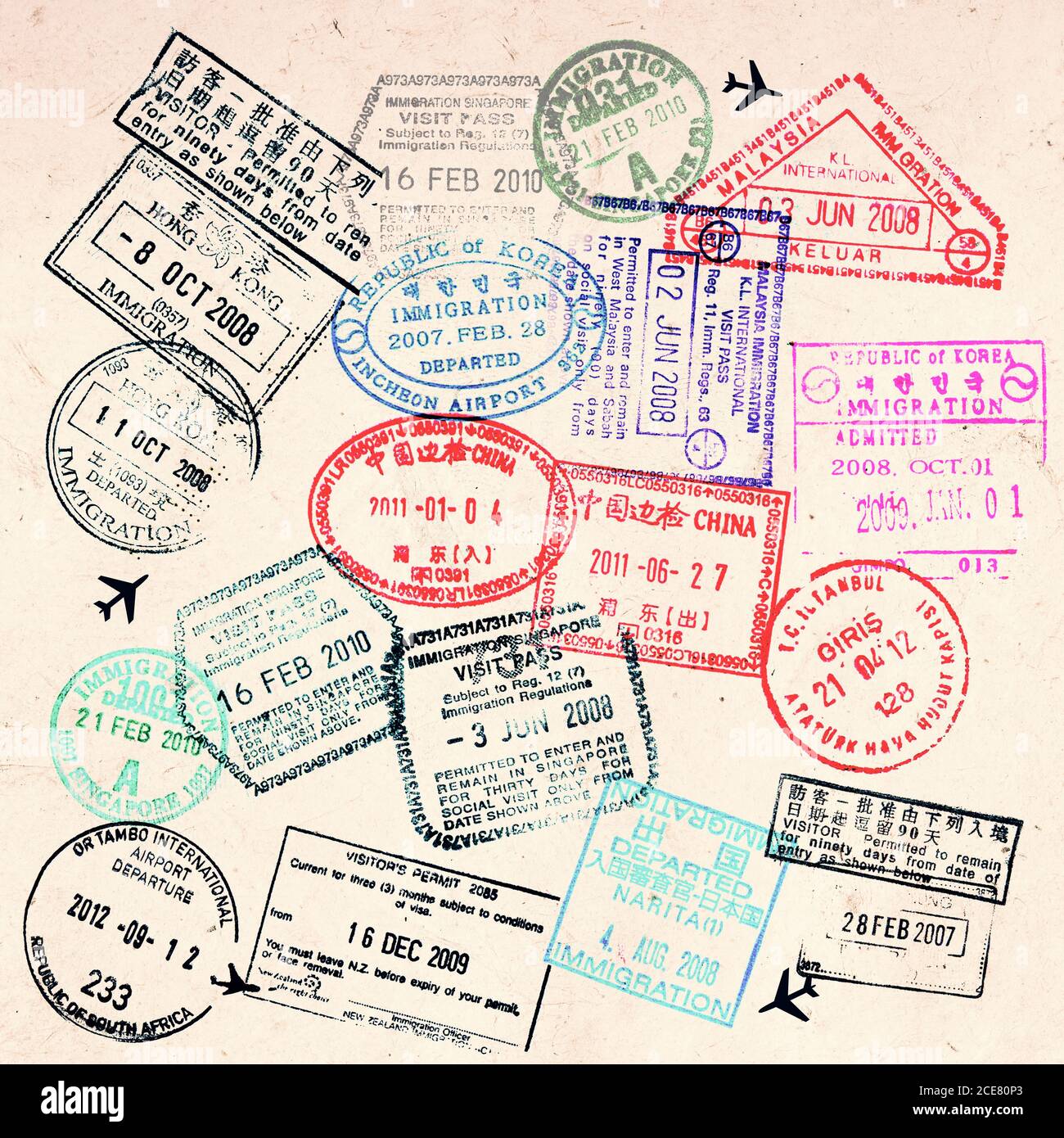 Passeport visa timbres sur sépia texturé, vintage Voyage collage fond Banque D'Images