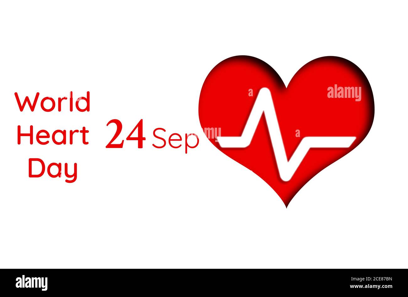 Un cœur rouge avec un cardiogramme sur lui, sur fond blanc. Texte. Concept de la Journée mondiale du coeur, septembre 24. Banque D'Images